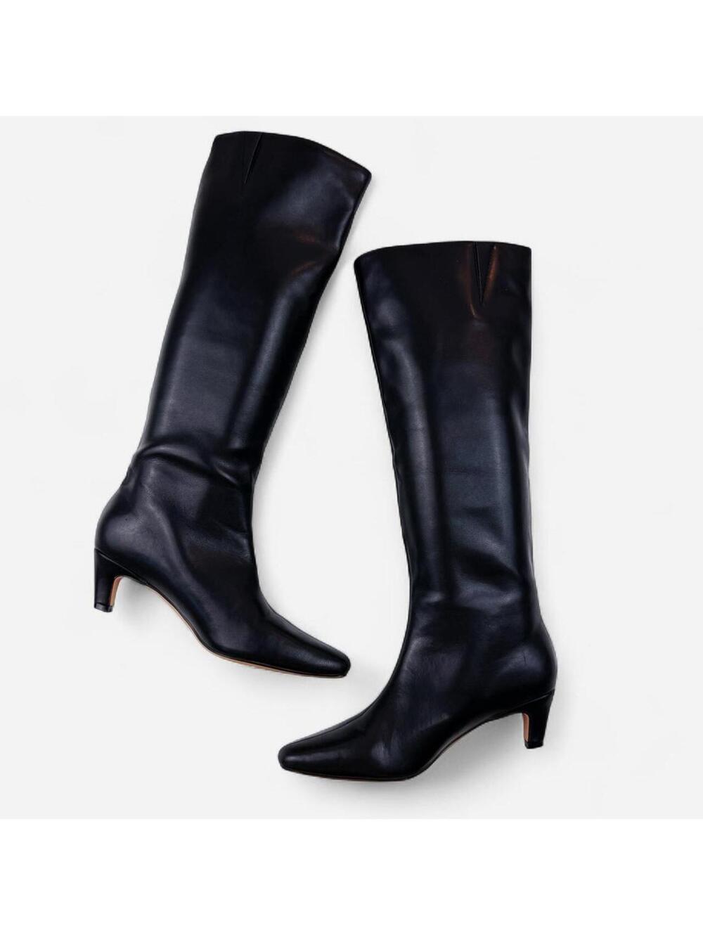 Black Vegan Leather Pointed Toe Kitten Heel Knee High Boots